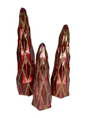 VTG Red & Gold Glitter Christmas Tree Candles 12" 10" 8" Holiday Decor Set of 3